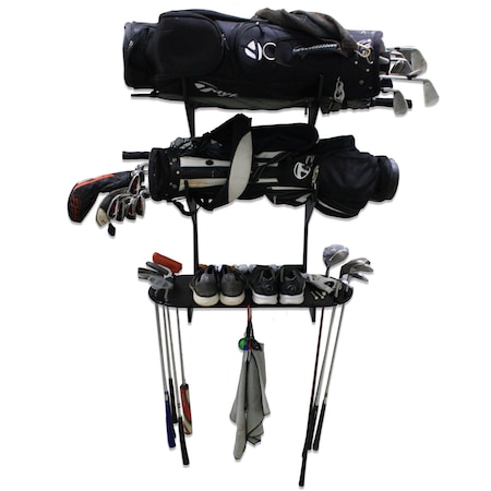 Trapski 2-Slot Golf Rack with Bottom Bracket and Oval Golf Shelf, Fits 3-5 Golf Bags, Black GOLF-2-1-SHELF-BLK